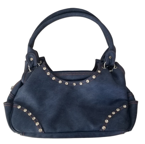 Blush Blue Denim Style Faux Leather Shoulder Bag Rhinestone Details Y2K - Picture 1 of 13